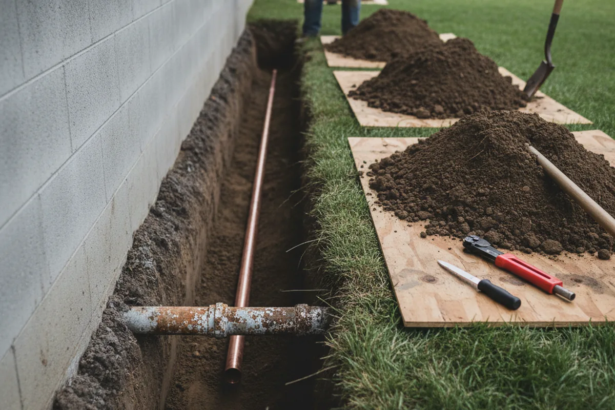 Excavated water line trench during Water Heater Repair in Yoder